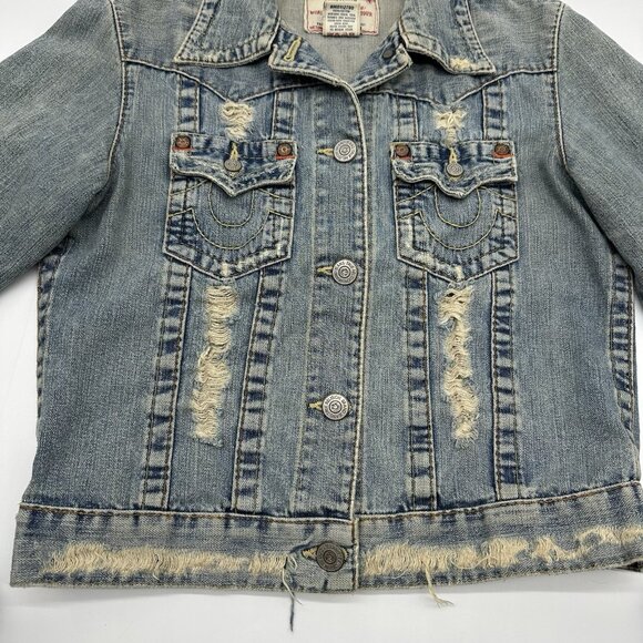 True Religion Jimmy Women's Size Large Light Wash Distressed Denim Jean Jacket - Picture 4 of 10